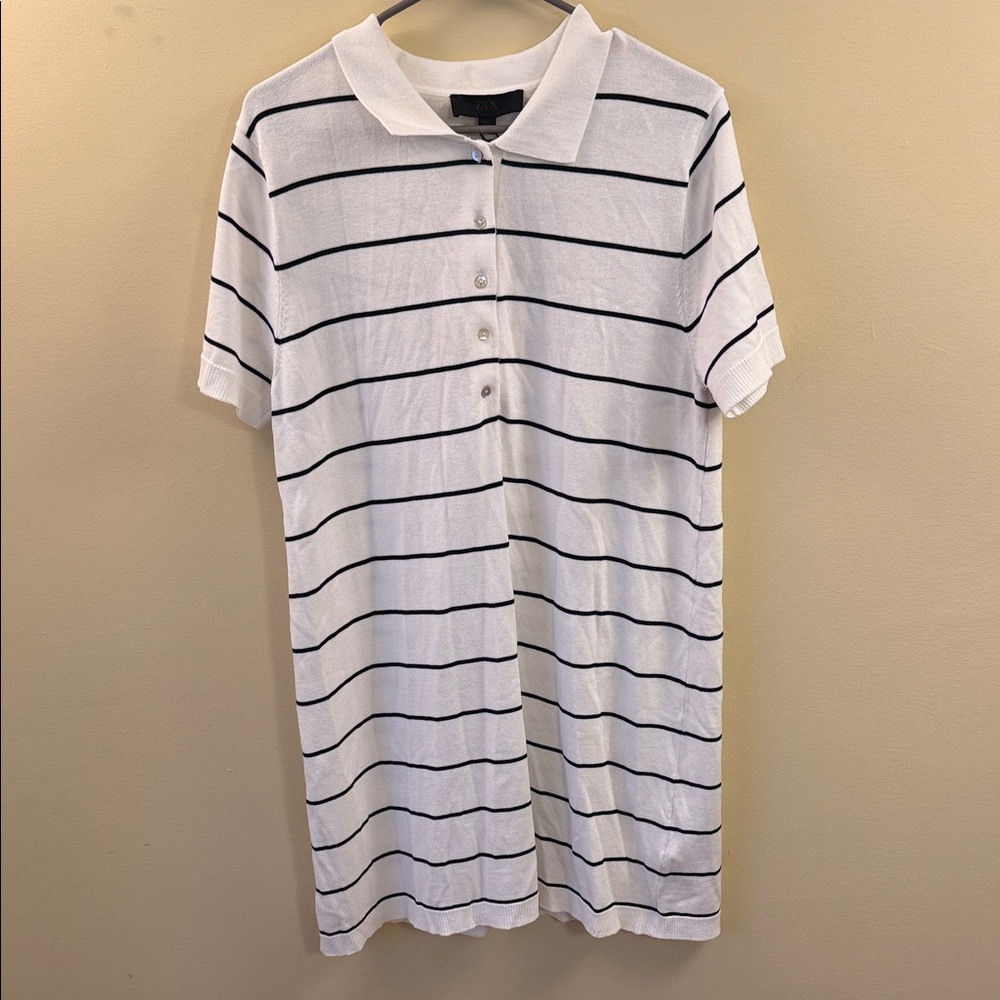 Zara White and Black Striped Midi Dress